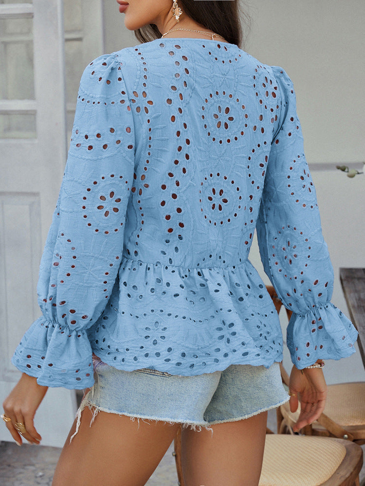 Lace Cutout Pleated Stitching Casual Boho Peplum Top | Nomadzens