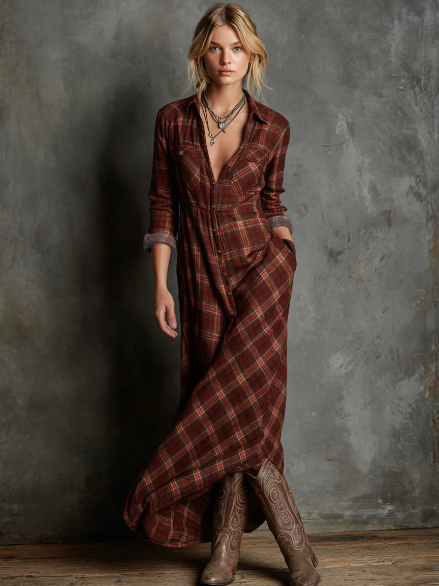 ALMA™ | Vestido Camisero Maxi Cuadros Verde Bosque