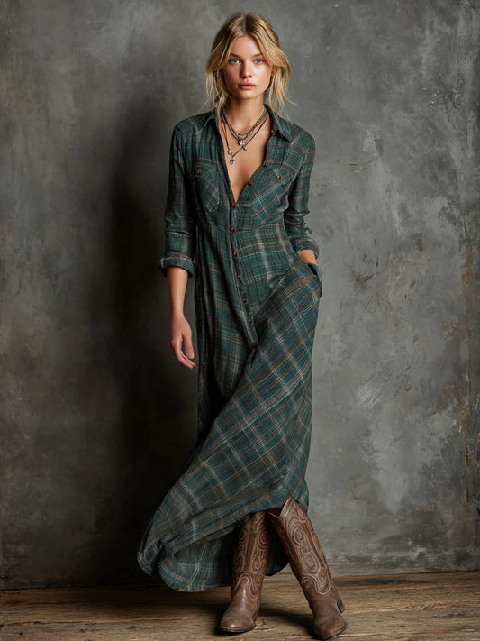 ALMA™ | Vestido Camisero Maxi Cuadros Verde Bosque