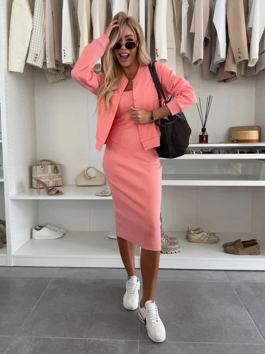 Karin™ - Set de Vestido Midi Canalé + Bomber a Juego
