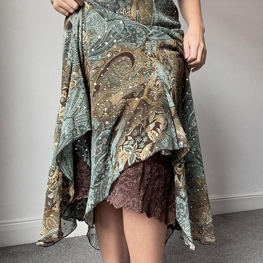 Retro Botanical Printed Irregular Skirt Niche Layered Design Drapey A-line Lace Splicing Skirt | Nomadzens