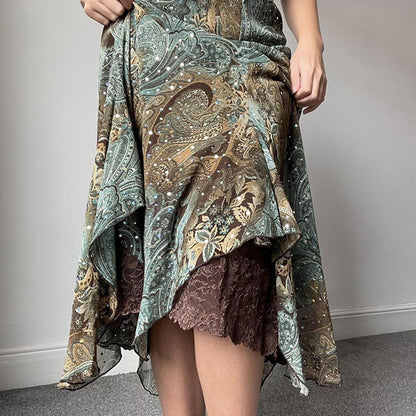 Retro Botanical Printed Irregular Skirt Niche Layered Design Drapey A-line Lace Splicing Skirt | Nomadzens
