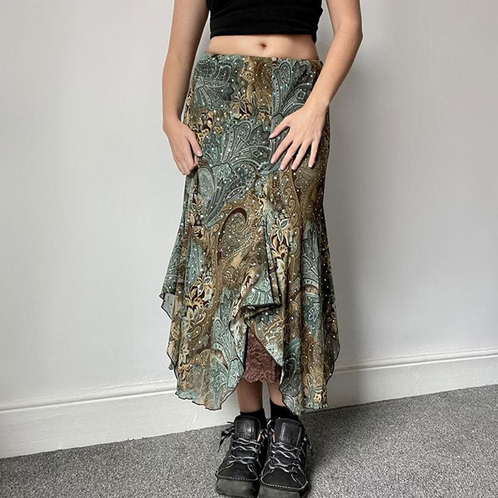 Retro Botanical Printed Irregular Skirt Niche Layered Design Drapey A-line Lace Splicing Skirt | Nomadzens