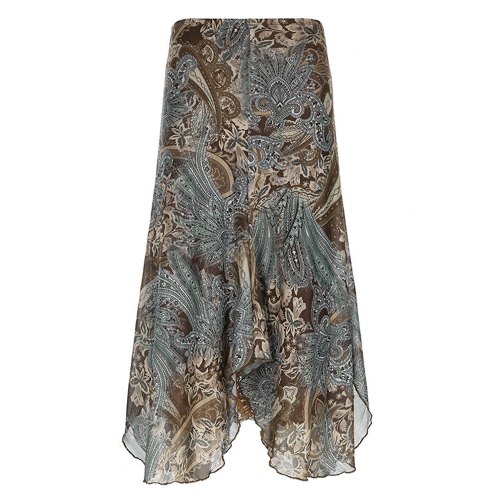 Retro Botanical Printed Irregular Skirt Niche Layered Design Drapey A-line Lace Splicing Skirt | Nomadzens