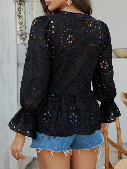 Lace Cutout Pleated Stitching Casual Boho Peplum Top | Nomadzens