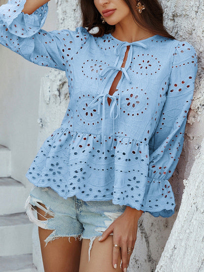 Lace Cutout Pleated Stitching Casual Boho Peplum Top | Nomadzens