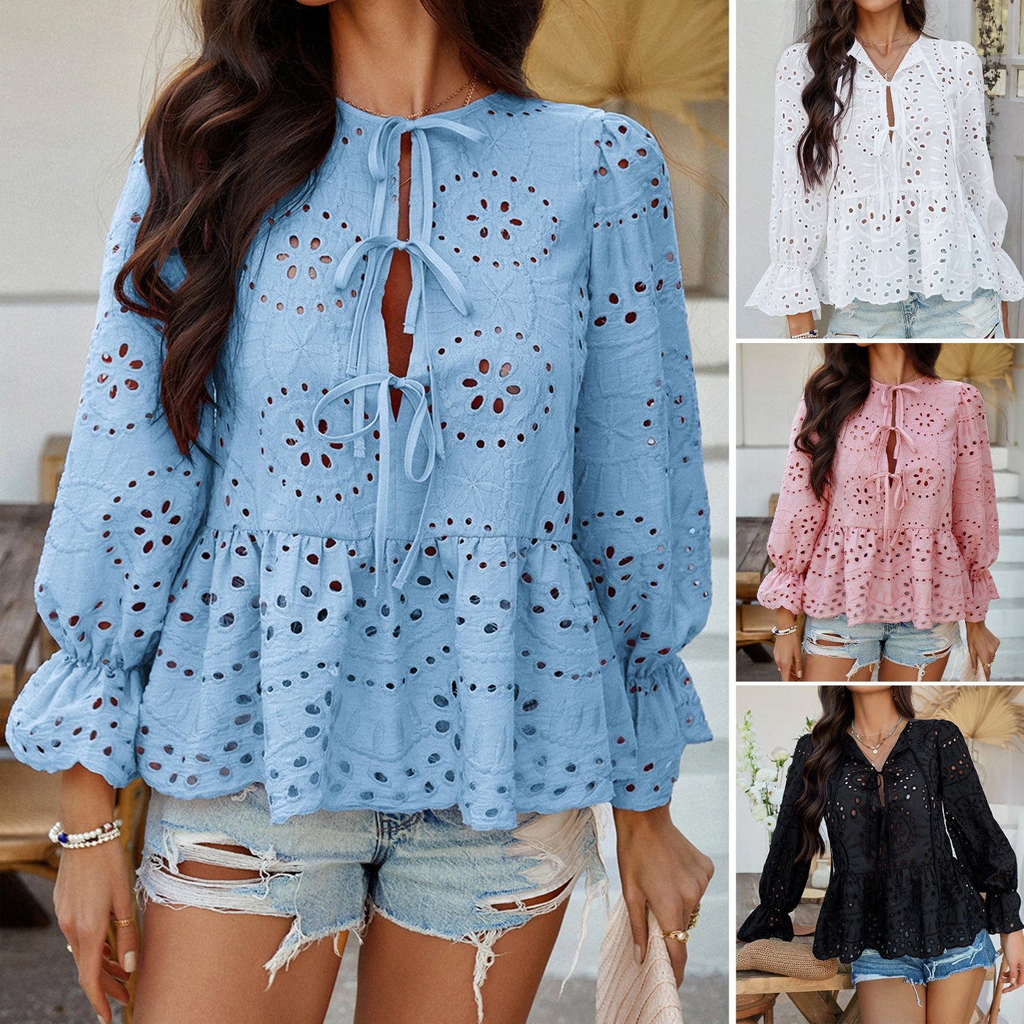 Lace Cutout Pleated Stitching Casual Boho Peplum Top | Nomadzens