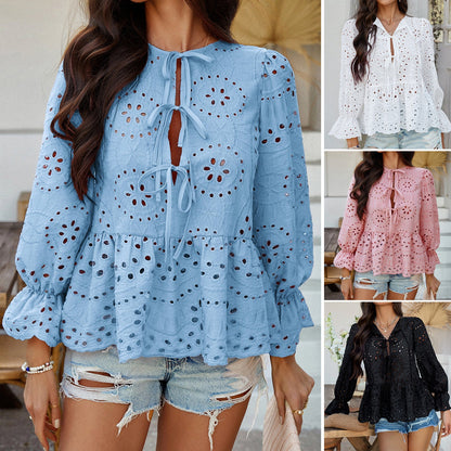 Lace Cutout Pleated Stitching Casual Boho Peplum Top | Nomadzens
