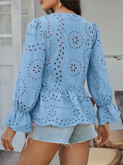 Lace Cutout Pleated Stitching Casual Boho Peplum Top | Nomadzens