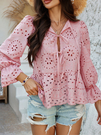 Lace Cutout Pleated Stitching Casual Boho Peplum Top | Nomadzens