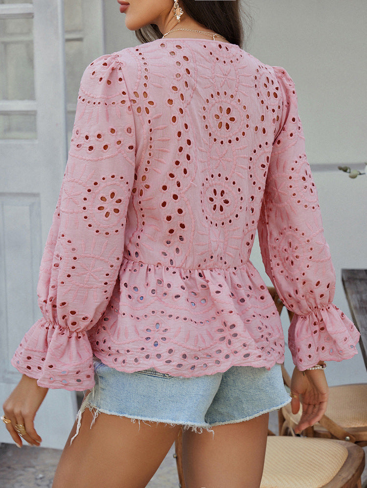 Lace Cutout Pleated Stitching Casual Boho Peplum Top | Nomadzens