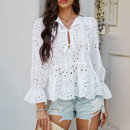 Lace Cutout Pleated Stitching Casual Boho Peplum Top | Nomadzens