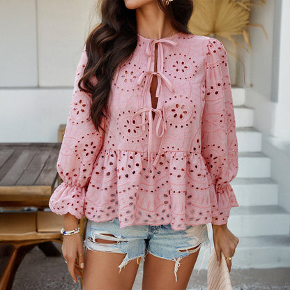 Lace Cutout Pleated Stitching Casual Boho Peplum Top | Nomadzens
