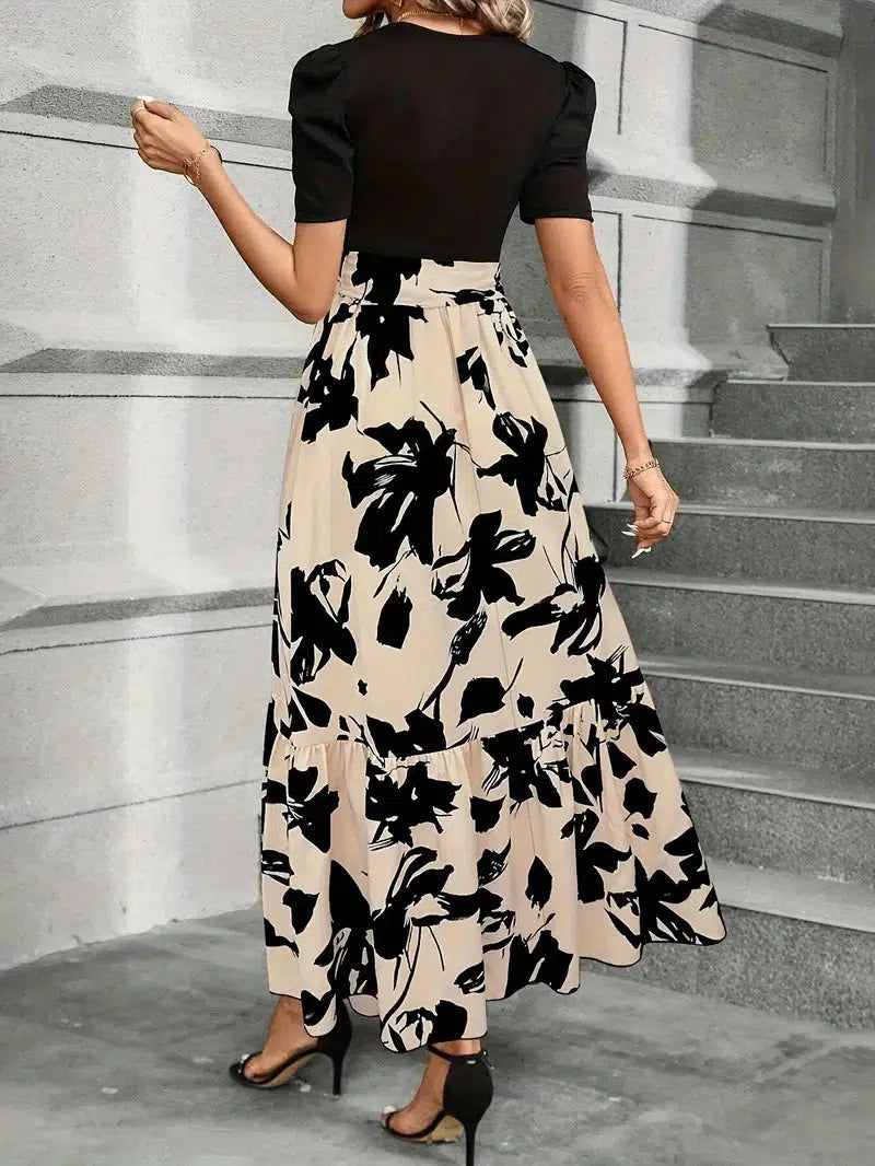 Chic Plant Print Short Sleeve Maxi Dress