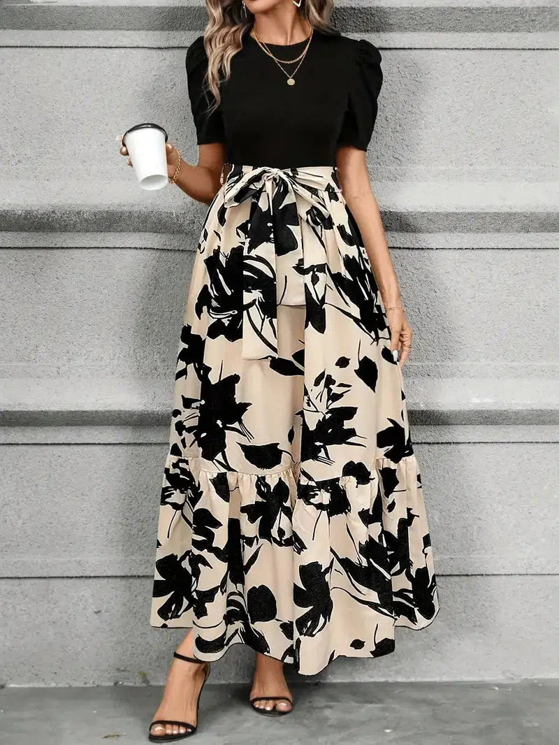 Chic Plant Print Short Sleeve Maxi Dress