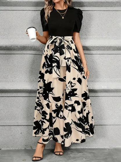 Chic Plant Print Short Sleeve Maxi Dress
