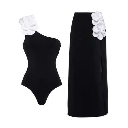 Traje de baño Luxe con falda cruzada con tirante de un solo hombro con estampado floral 3D