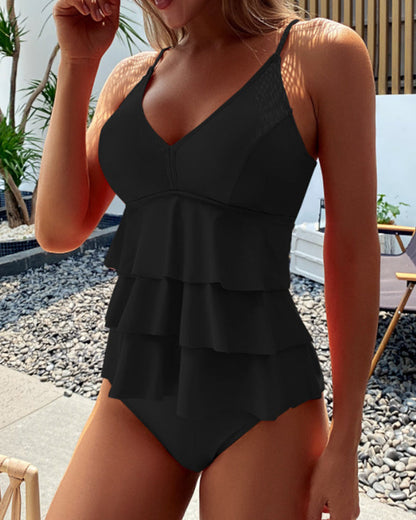 Lia - Effen Badpak met Stijlvolle Ruffles