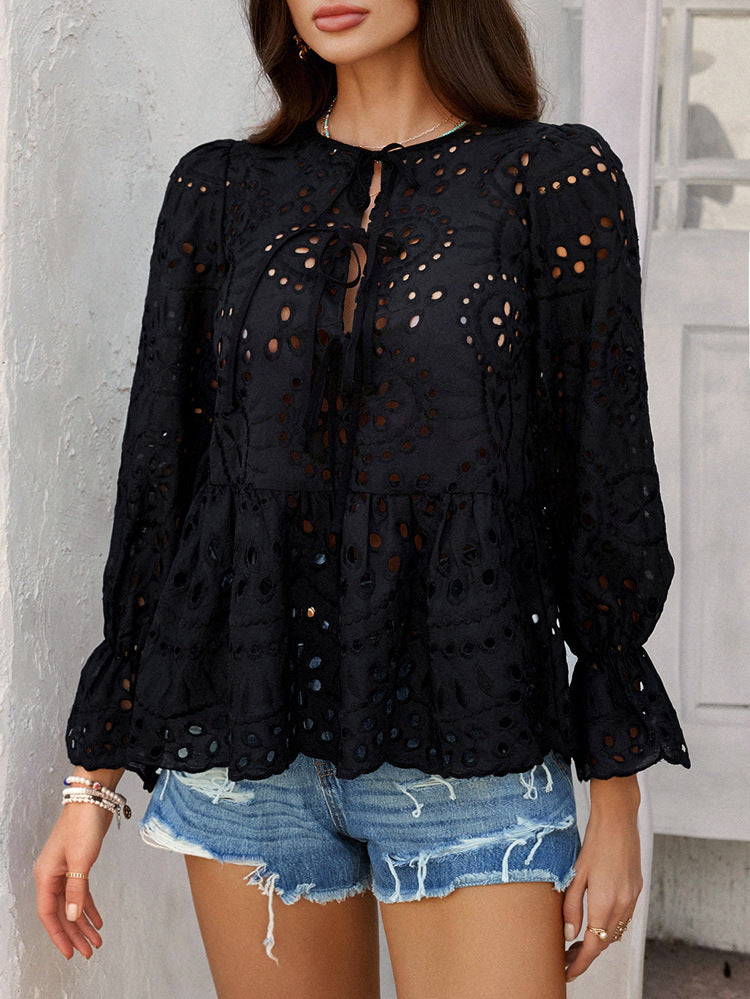 Lace Cutout Pleated Stitching Casual Boho Peplum Top | Nomadzens