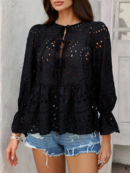 Lace Cutout Pleated Stitching Casual Boho Peplum Top | Nomadzens