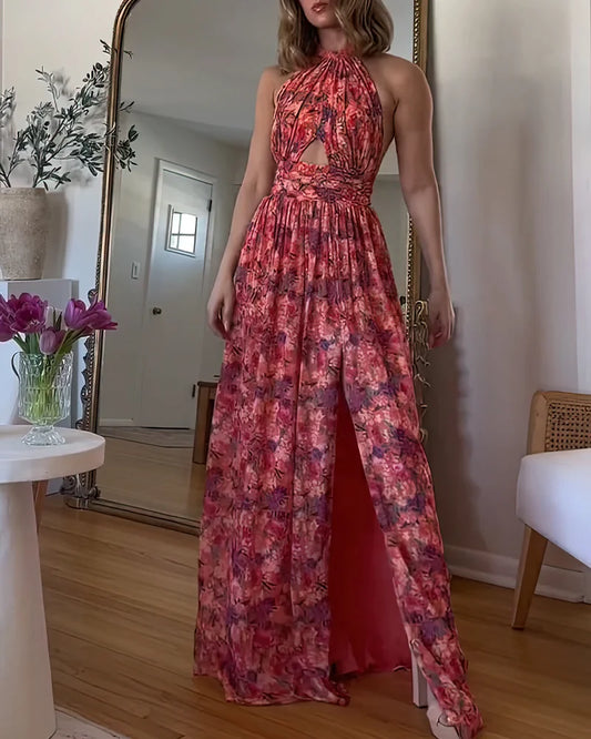 Isa Luna - Vestido Largo con Espalda Descubierta y Estampado Floral