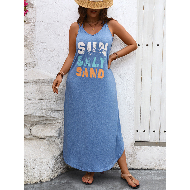 Strap Letter Printed Beach Dress Maxi Dress | Nomadzens