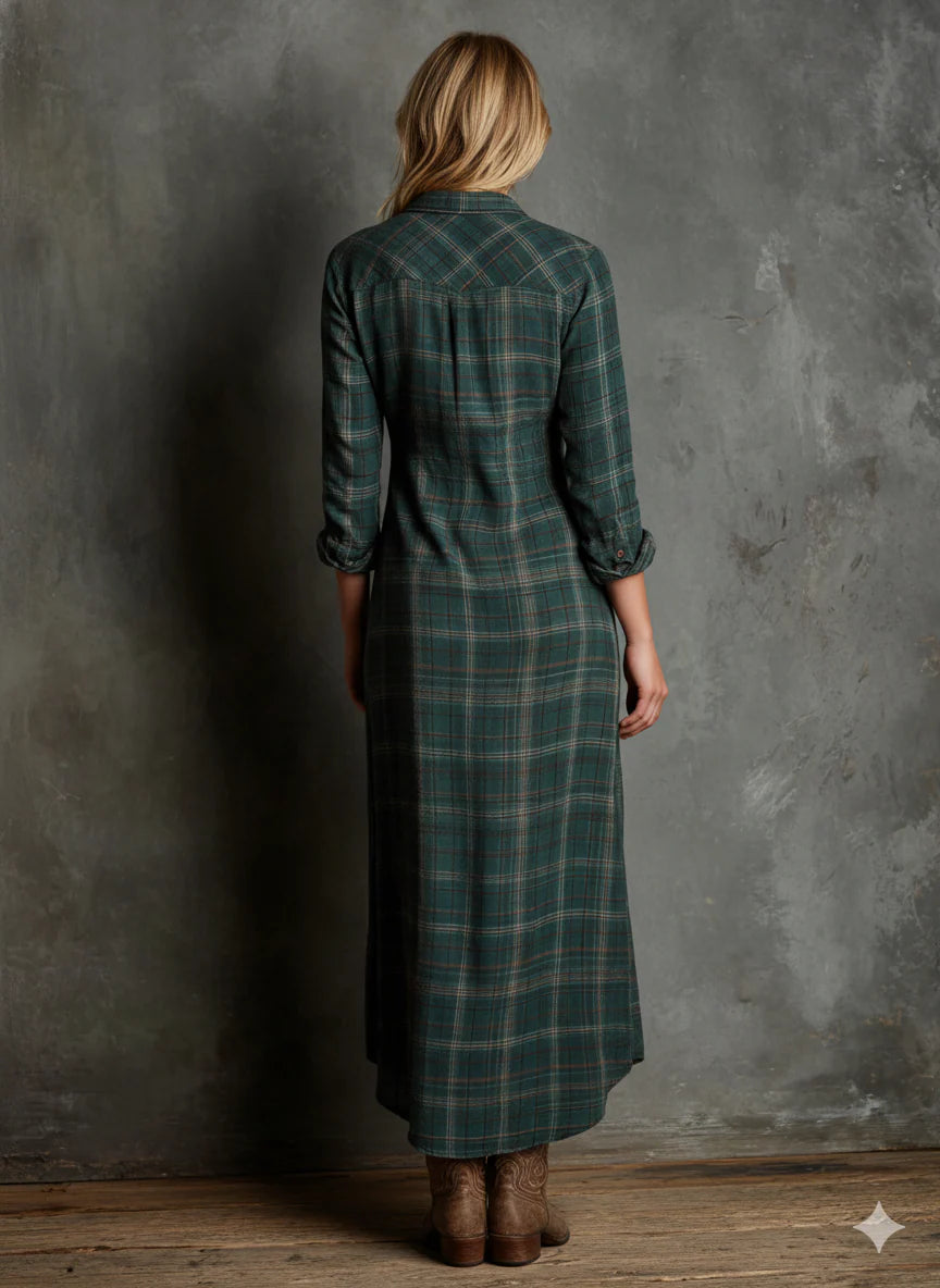 ALMA™ | Vestido Camisero Maxi Cuadros Verde Bosque