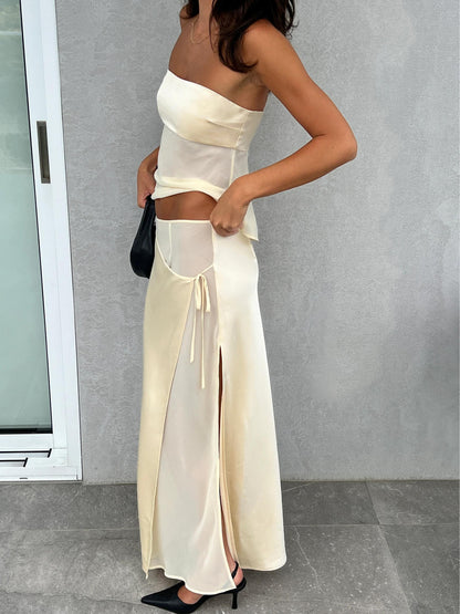 Crema - Conjunto de top y falda larga
