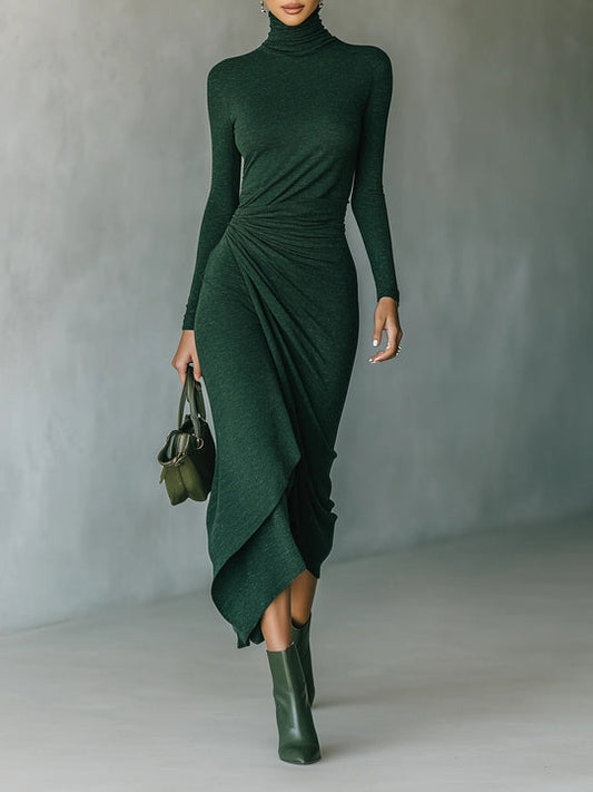 LEONOR | VESTIDO MIDI CRUZADO ASIMÉTRICO VERDE OSCURO CON PLIEGUES Y CUELLO ALTO