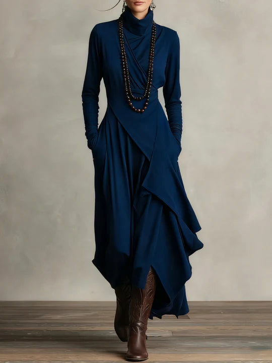 AURELIA | VESTIDO LARGO PLISADO ASIMÉTRICO CON CUELLO ALTO