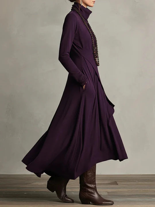 AURELIA | VESTIDO LARGO PLISADO ASIMÉTRICO CON CUELLO ALTO