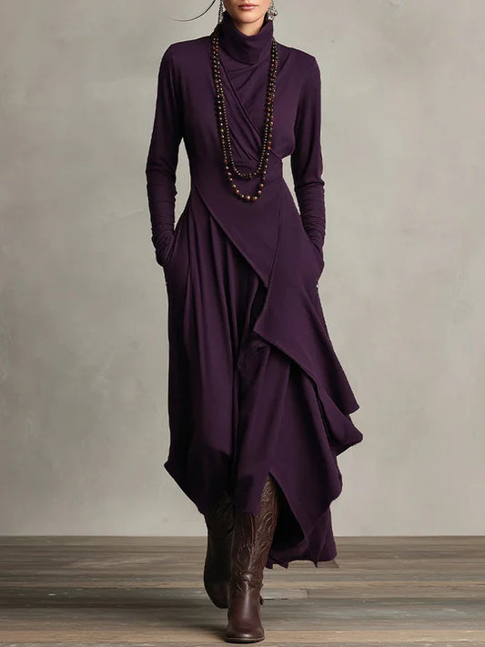 AURELIA | VESTIDO LARGO PLISADO ASIMÉTRICO CON CUELLO ALTO