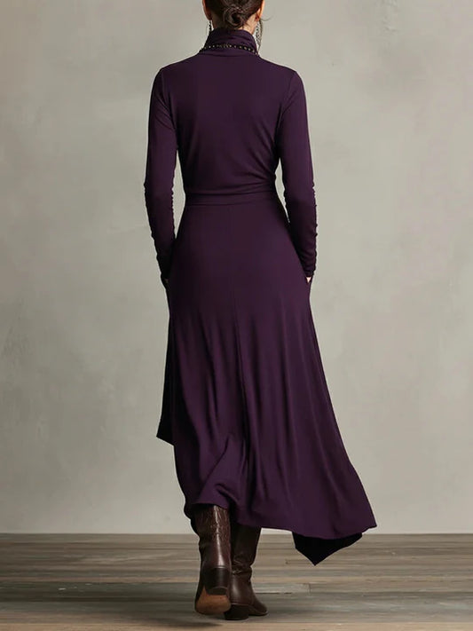 AURELIA | VESTIDO LARGO PLISADO ASIMÉTRICO CON CUELLO ALTO