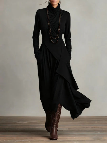 AURELIA | VESTIDO LARGO PLISADO ASIMÉTRICO CON CUELLO ALTO