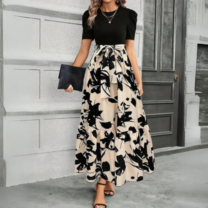 Chic Plant Print Short Sleeve Maxi Dress