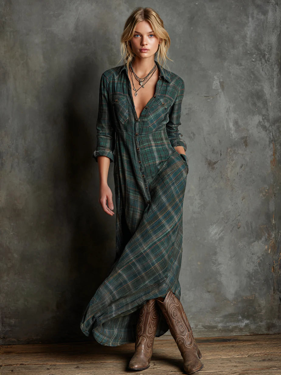 ALMA™ | Vestido Camisero Maxi Cuadros Verde Bosque