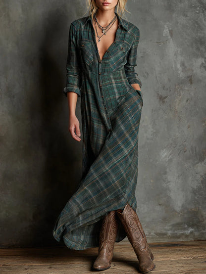ALMA™ | Vestido Camisero Maxi Cuadros Verde Bosque