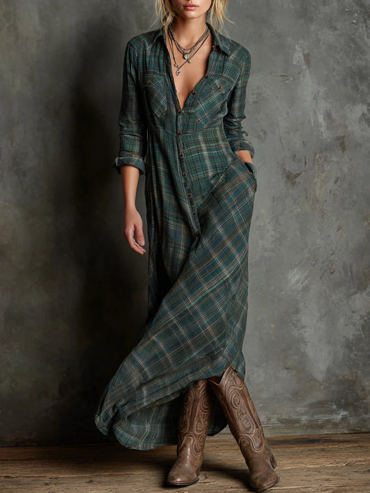 ALMA™ | Vestido Camisero Maxi Cuadros Verde Bosque